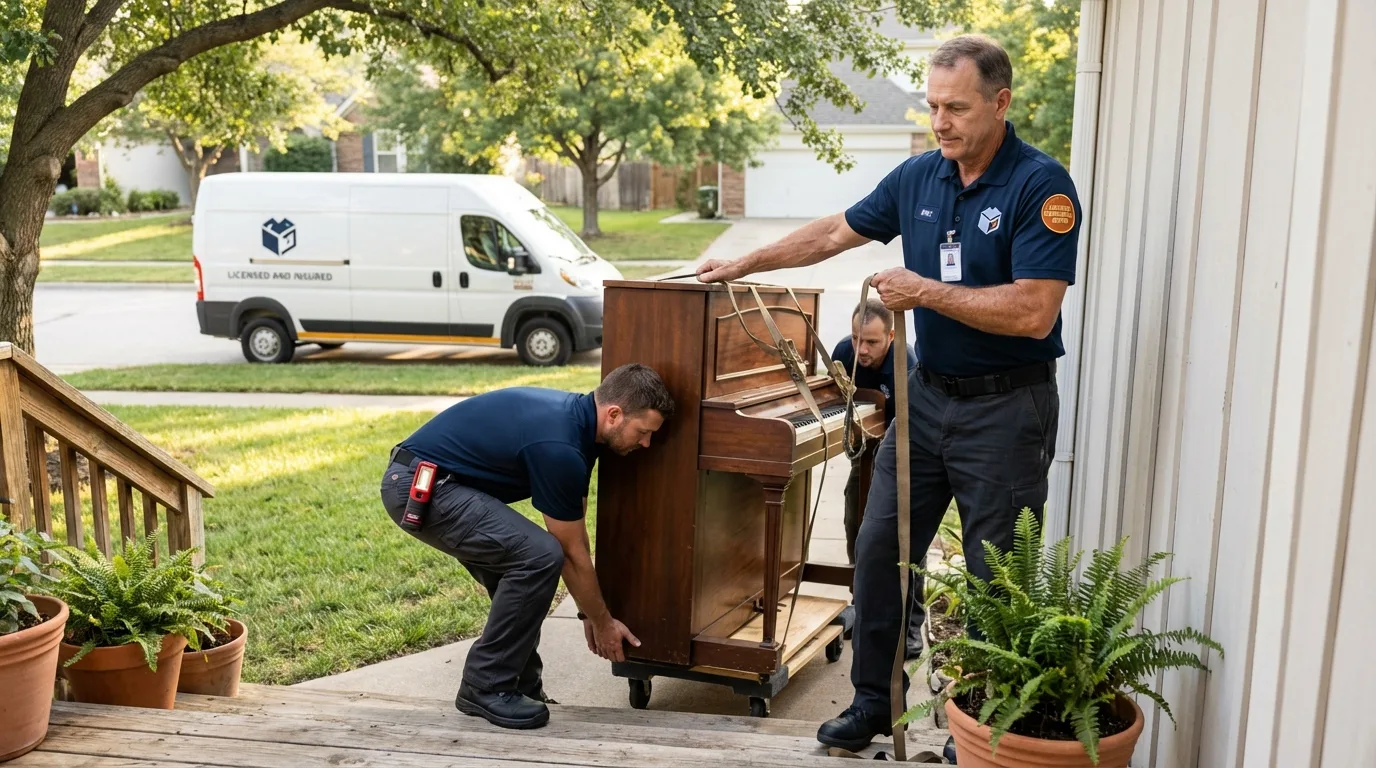 Licensed piano movers securing grand piano in Los Gatos, CA
