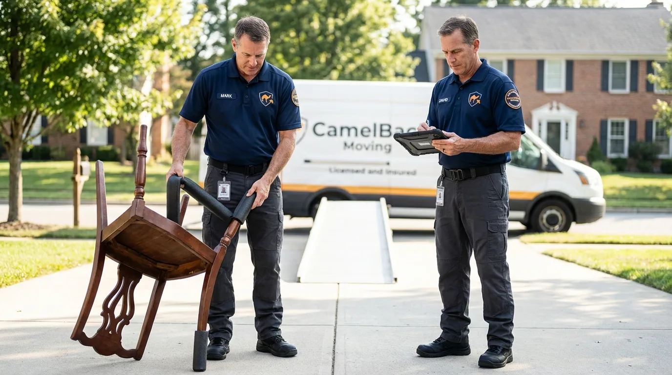 Movers inspecting furniture for damage prevention before loading in Los Gatos, CA