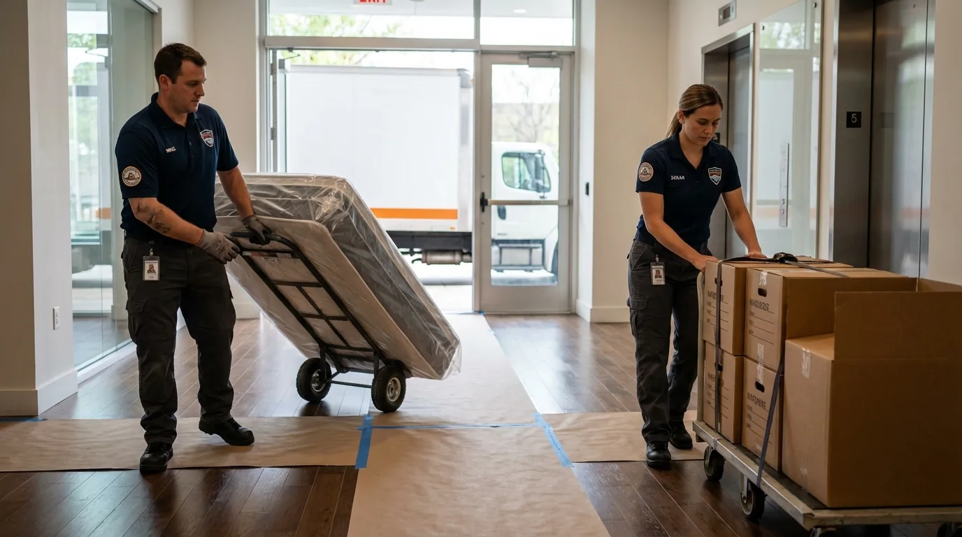 Professional apartment movers loading elevator in Los Gatos, CA